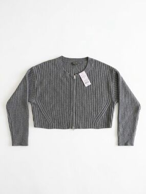 NWT Wild Fable Gray Ribbed Knit Cropped Zip Up Cardigan Sweater XL Office Fall
